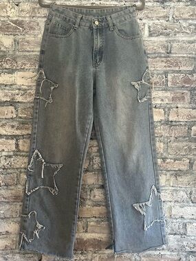 ROMWE Relaxed/slight Flare Jeans with Frayed Star Cutouts smoke/pet free